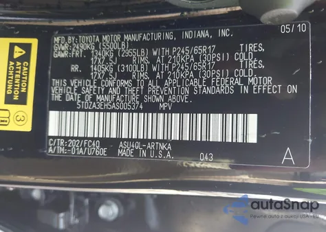 2010 Toyota Highlander из США, поврежденный, VIN 5TDZA3EH5AS005374